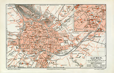Aachen Historischer Stadtplan Karte Lithographie Ca. 1902 Antike Stadtkarte • 10.87€