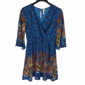 Pink Owl Kimono Sleeve Elastic Waist Boho Dress Wrap Front Size M Blue Paisley - Picture 1 of 4