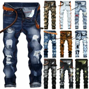 Mens Trousers Pants Jeans Straight Skinny Slim Fit Stretch Ripped Frayed Denim - Picture 1 of 21