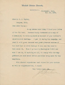Senatore Joseph B Foraker AUTOGRAFO FIRMATO Ohio Governatore Repubblicano 1898 - Foto 1 di 2