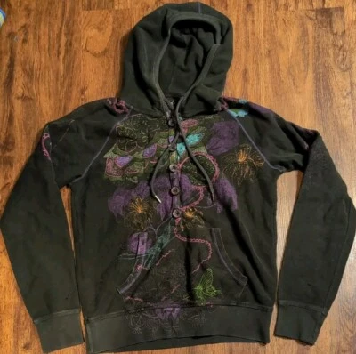 Lucky Brand Hoodie Sweatshirt Button Floral Vintage Y2K Womens Sz S Flawed - Image 1 of 4