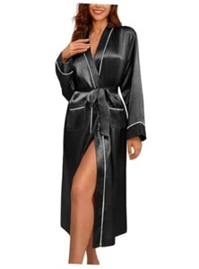 Satin Robes for Women Long Sleeve Silk Bathrobe Soft Lightweight Large Black - Picture 1 of 6
