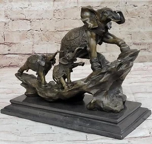 Hand Made Elephant Family Walking up The Hill Bronze Sculpture by Barye Figure - Picture 1 of 10
