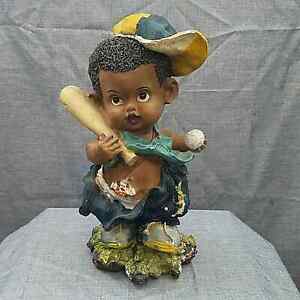 Large Garden Gnome sculpture - black boy baseball gnome
