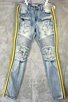PREME Jeans Men’s 32x32 Denim Moto yellow Side Stripe Distressed skate rock - Image 1 of 4