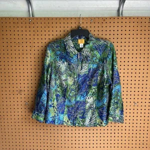 Vintage Ruby Rd Full Zip Jacket Blue Green Floral Abstract Retro Size 16 - Picture 1 of 12