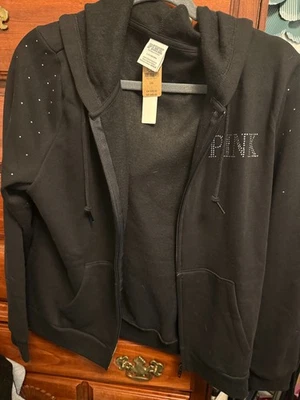 NWT VICTORIA'S SECRET PINK FLEECE FULL ZIP  HOODIE LARGE BLACK SHINE - Image 1 of 4