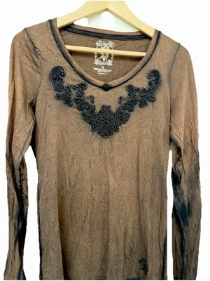 Camiseta de terciopelo piedra cuello en V adornada manga larga para mujer M vaquera Western Grunge Foto 1 de 4