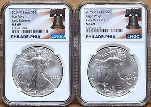 Conjunto De 2 Monedas 2024 Y 2025 P Águila De Plata Con Privy NGC MS69 ER Philly - Imagen 1 de 4