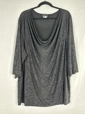 Maggie Barnes Cowl Neck Top Womens Plus Size 3X Black Silver Pattern 3/4 Sleeve  - Image 1 of 4
