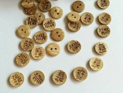 Pkg of 20 FERN LEAF 2-hole Coconut Shell Buttons 1/2" (13mm) Craft (293) - Image 1 of 3