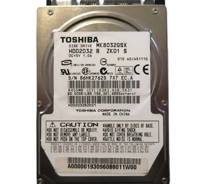 Toshiba MK8032GSX HDD2D32 B ZK01 S 010 A0/AS111G China 80gb 2.5" Sata HDD - Image 1 of 4