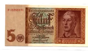 Germany 1942 5 Mark Reichsbanknote WWII Currency - Picture 1 of 2
