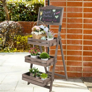 Rustic Plant Stand Wood Flower Rack Fruit & Vegetable Baskets Shelf w/Chalkboard - Picture 1 of 20
