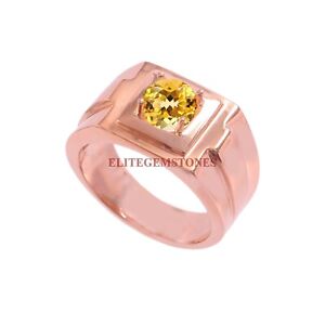 Natural Citrine Gemstone Rose Gold Plated 925 Sterling Silver Ring for Mens 3383