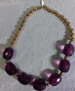 Vintage Costume Jewelry George Designer Purple Glass Beads Gold Plastic Beads - Picture 1 of 7