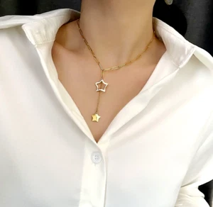 Gold Titanium Double Star Tassel Pendant Chain Necklace - Picture 1 of 3