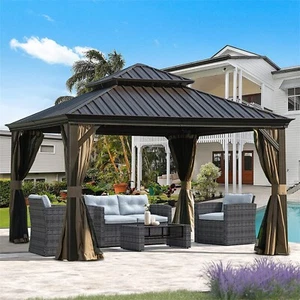 12'x12' Hardtop Gazebo Outdoor Permanent Metal Pavilion w/Curtains and Netting - Picture 1 of 6