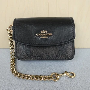 Coach New York Classic Small Card Holder Wallet Black Brown Leather w/Chain - Picture 1 of 16