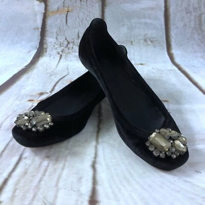 Talbots Womens Isis Velvet Jeweled Flats Size 6.5 M Black Round Toe Slip On - Image 1 of 4