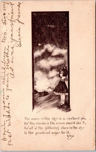 Niña mira la luna en el cielo - Postal firmada por el artista Cobb Shinn - Poema 1910 - Imagen 1 de 3