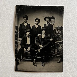 Antique Tintype Group Photograph Handsome Rascally Young Man Teen Smoking - Picture 1 of 10