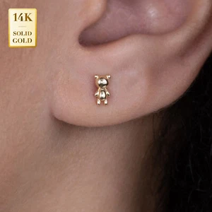14K REAL Solid Gold Teddy Bear Piercing Ear Cartilage Stud Earring Piercing 18G - Picture 1 of 6
