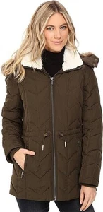 Kenneth Cole New York Women's Quilted Chevorn Coat With Fur Hood - CLEARANCE - Picture 1 of 3