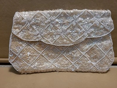 Bolso de Noche Vintage Marfil Crema Cartera Lentejuelas Cuentas Bolso sin asas 8" por 5" Foto 1 de 4
