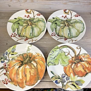 Pottery Barn Kürbis Ernte Aquarell 8" SALAT Dessert Teller 4er Set RAR - Bild 1 von 9