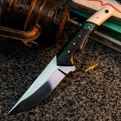 Готовый к подарку нож из дамасской стали 8,8 дюйма с накладным монтажом для охоты + кожаные ножны - Изображение 1 из 4