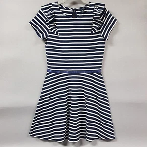 Tommy Hilfiger A-Line Dress Girls XL (16) Navy Blue Stripe Short Sleeve Ruffle - Picture 1 of 11