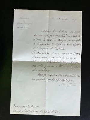 👍 Carta embajador de bellonet ministro de relaciones exteriores francés en china 1867 Foto 1 de 4