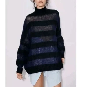 NWT Zara Wool Alpaca Blend Black Blue Striped Knit Oversized Sweater Modern Sz S - Picture 1 of 6