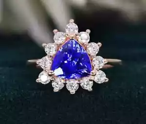 Tanzanite Halo Trillion Cut Ring, Engagement Ring, 14k Gold Plated Silver Ring - Picture 1 of 10