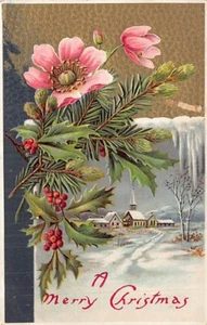 Cartolina d'epoca: Buon Natale, Fiori, Chiesa, DB 1910, in rilievo - Foto 1 di 2