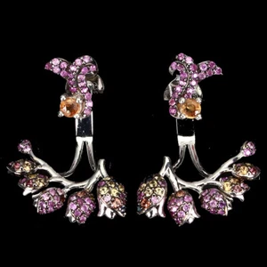 Pendientes De Flor De Zafiro Redondo De Plata 925 Con Corte De Diamante De 3mm - Imagen 1 de 21