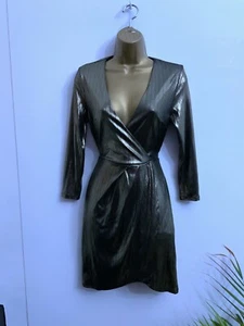 NEW LOOK LADIES GOLD PARTY DRESS SIZE 6 CHRISTMAS METALLIC WRAP 3/4 SLEEVES NEW - Picture 1 of 8