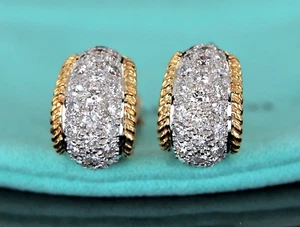 Vintage Rare Tiffany Co 1991 Platinum 18K Gold 3ct Pave Diamond Huggie Earrings - Picture 1 of 11