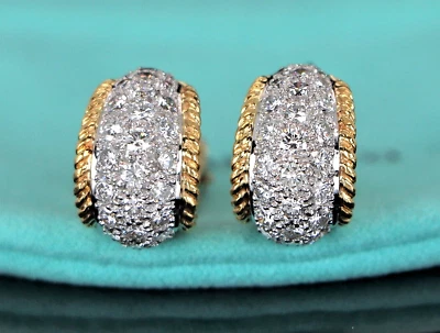 Vintage Rare Tiffany Co 1991 Platinum 18K Gold 3ct Pave Diamond Huggie Earrings - Image 1 of 4