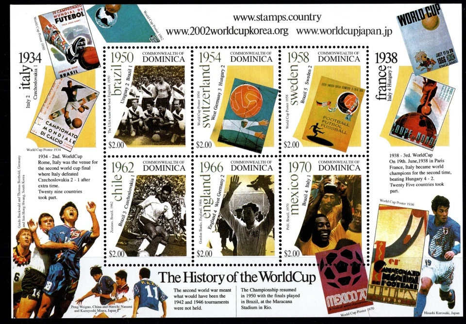 DOMINICA 2001 FIFA WORLD CUP- FOOTBALL- HISTORY SIX STAMPS SOUVENIR SHEET MNH - Image 1 of 4