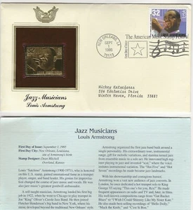 Jazz Musicians Louis Armstrong 1ST DAY ISSUE-GOLDEN REPLICA stamp Sept. 1  1995 - Picture 1 of 2