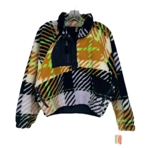 Free People Hit The Slopes Plaid Navy Double Lined Cropped Sherpa Coat XS NWT - Picture 1 of 9