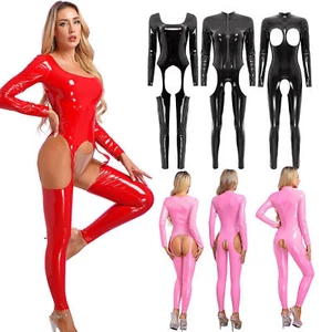 Damen Metallic PU Leder Turnanzug Overall Aushöhlen Dessous Body Catsuit - Bild 1 von 95