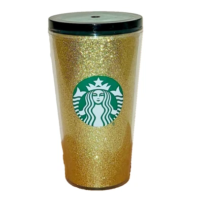 Taza grande Starbucks Holiday Gold Glitter 16 oz acrílico con tapa verde 2021 Foto 1 de 4