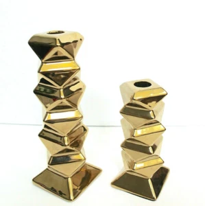 Nate Berkus 2 Pc Small and Tall Geometric Design Shine Gold Tone Taper Candle - Picture 1 of 4