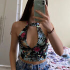 New look black crop top with v neck line and chocker in tropical floral print