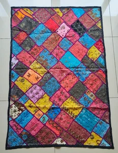 Patchwork Sari Throw Wall Hanging Tapestry Bohemian VTG Textile 55 Inch Hippie - Picture 1 of 21
