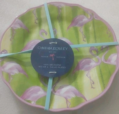 Cynthia Rowley  Indoor Outdoor Set Of 4 Salad Plates 8.5" Green/ Pink Flamingos  - Image 1 of 3