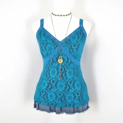 VTG 00s Y2K Twee Daisy Fuentes Teal Blue Floral Lace Mesh Babydoll Cami Top Sz M - Image 1 of 4